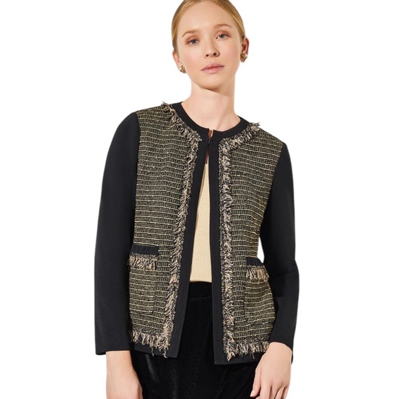 NWT Ming Wang Metallic Tweed Knit Fringe Blazer Jacket Black and Gold Size XS - Picture 1 of 13